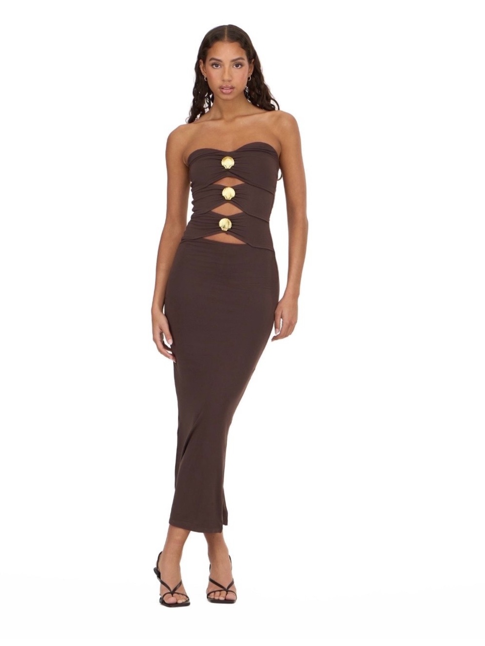Forever 21 Brown Strapless Maxi Dress with Gold Accents